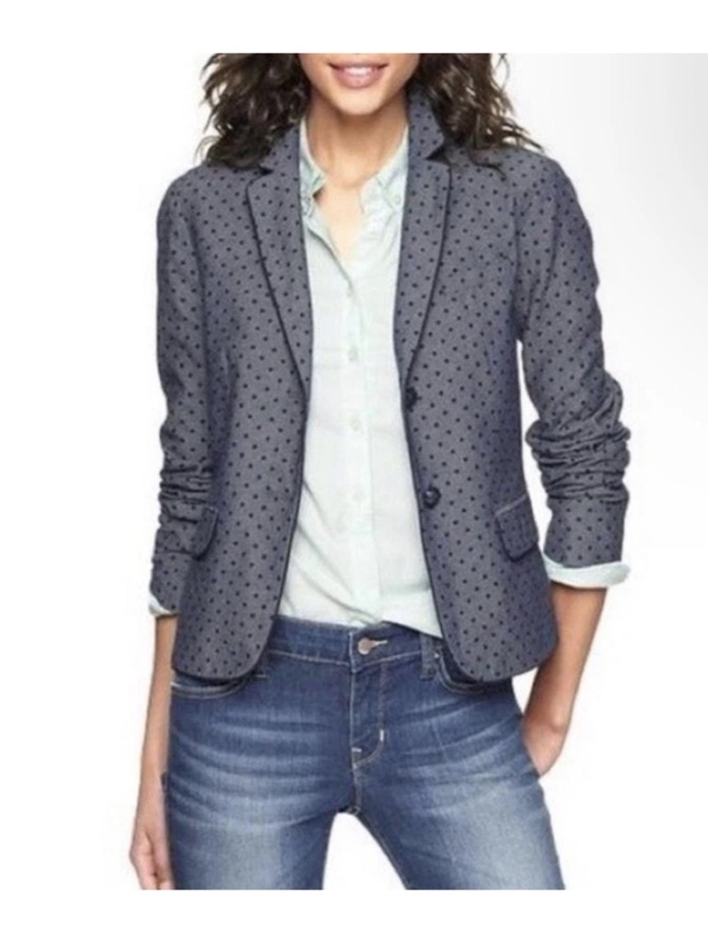 GAP The Academy Blazer Cotton Chambray Blue Polka Dot Pocket Jacket Size 2
